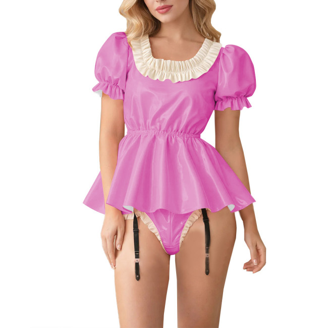 Fetish Glossy PVC Lockable Bodysuits Sissy Puff Sleeve Ruffle Trim Peplum Romper with Garter Halloween Cosplay Party Maid Outfit