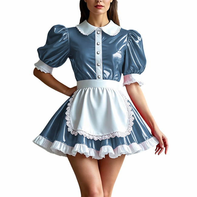 Sweet Shiny PVC Maid Outfit Womens Puff Sleeve Lace Trim Apron Dress Sissy Cosplay Maid Uniform Glossy Role Play Party Costume