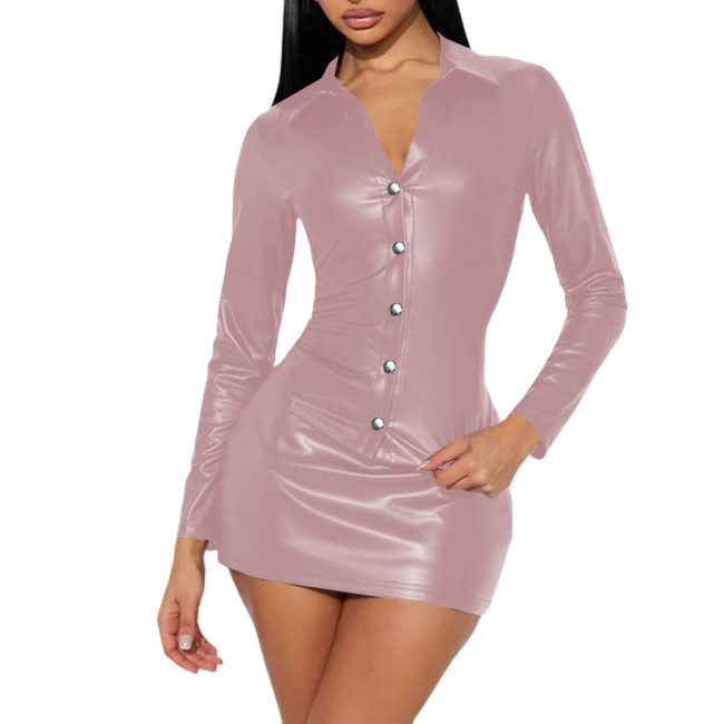 Plus Size Fashion Jacket and Skirt Set Womens Matte PU Leather Long Sleeve Collared Button Top with Tight Mini Skirts Clubwear