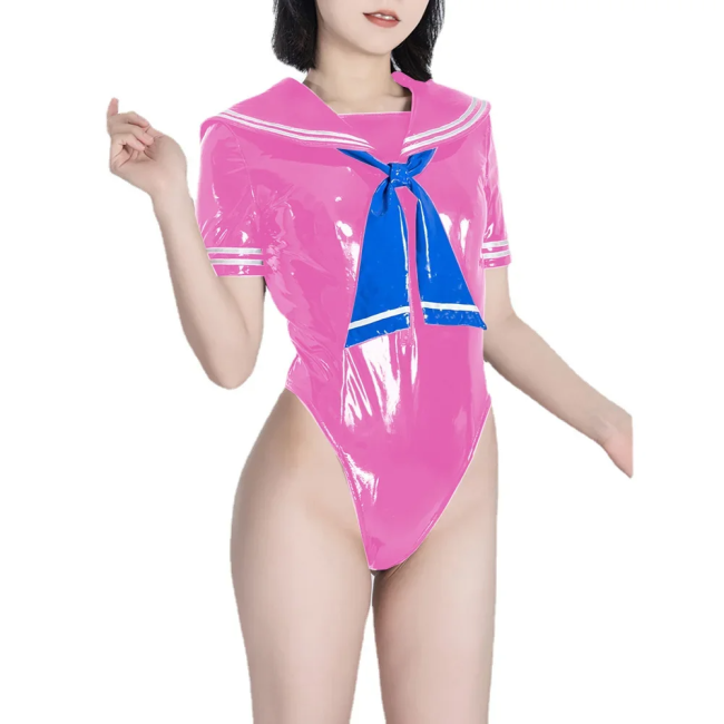 Fetish Queen Sailor Uniforms Short Sleeved Sailor Collar Bodysuits Wetlook PVC Leather High Cut Zentai Student Cosplay Outfits