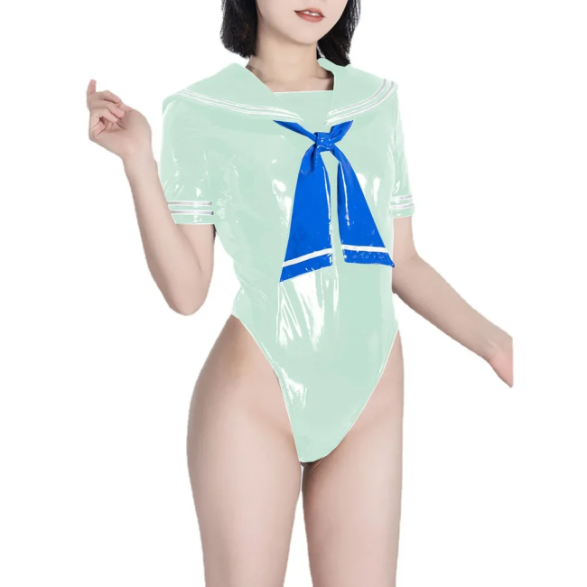 Fetish Queen Sailor Uniforms Short Sleeved Sailor Collar Bodysuits Wetlook PVC Leather High Cut Zentai Student Cosplay Outfits
