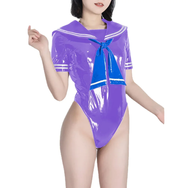 Fetish Queen Sailor Uniforms Short Sleeved Sailor Collar Bodysuits Wetlook PVC Leather High Cut Zentai Student Cosplay Outfits