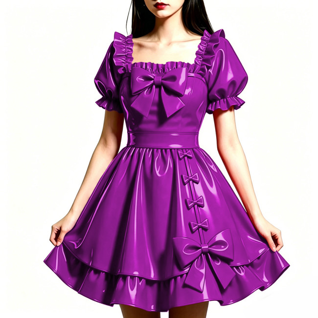 Shiny PVC Leather Sweet Bow Prom Dress Party Glossy Square Neck A-line Flared Dress Club Gothic Lolita Ruffle Gowns Womens Dress