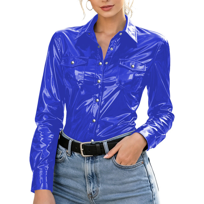 Plus Size Womens Shirt with Pockets Wet Look PVC Long Sleeve Female Blouses Shiny PU Leather Single Breasted Tops Streetwear