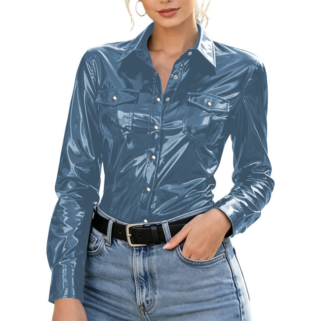 Plus Size Womens Shirt with Pockets Wet Look PVC Long Sleeve Female Blouses Shiny PU Leather Single Breasted Tops Streetwear