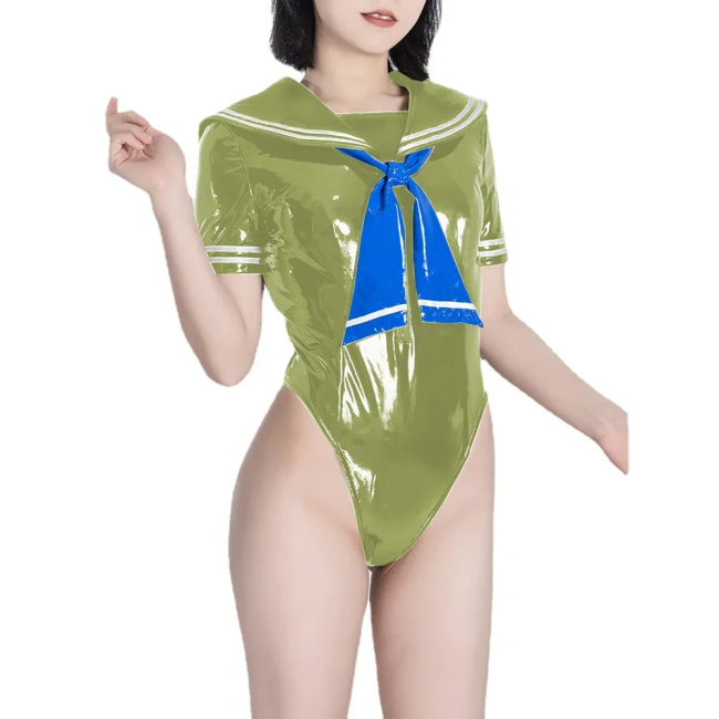 Fetish Queen Sailor Uniforms Short Sleeved Sailor Collar Bodysuits Wetlook PVC Leather High Cut Zentai Student Cosplay Outfits