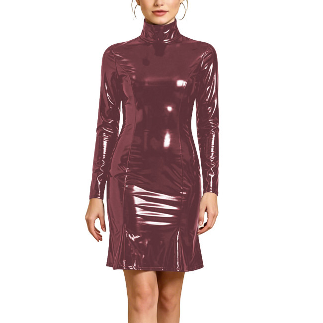 Plus Size Long Sleeve Ladies PVC Shiny Dresses Women Sexy Tight Stretch Solid Dress with Zipper Back Party Club Bodycon Gown