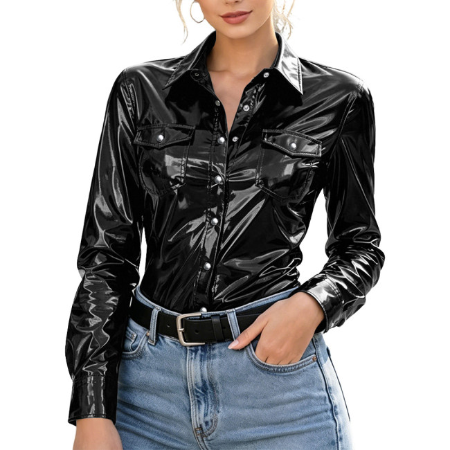 Plus Size Womens Shirt with Pockets Wet Look PVC Long Sleeve Female Blouses Shiny PU Leather Single Breasted Tops Streetwear
