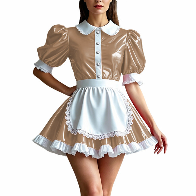 Sweet Shiny PVC Maid Outfit Womens Puff Sleeve Lace Trim Apron Dress Sissy Cosplay Maid Uniform Glossy Role Play Party Costume
