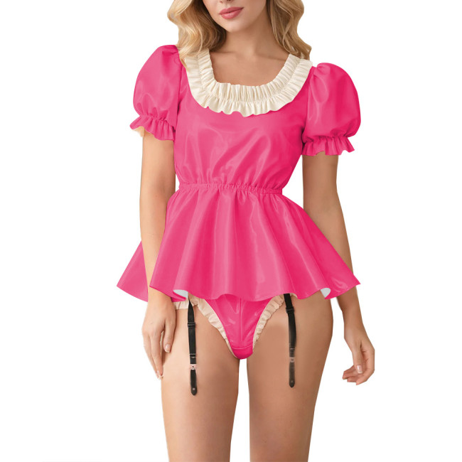 Fetish Glossy PVC Lockable Bodysuits Sissy Puff Sleeve Ruffle Trim Peplum Romper with Garter Halloween Cosplay Party Maid Outfit