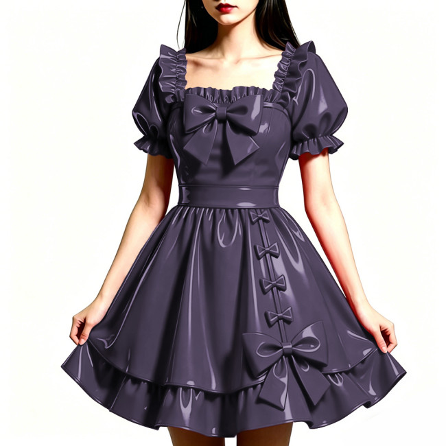 Shiny PVC Leather Sweet Bow Prom Dress Party Glossy Square Neck A-line Flared Dress Club Gothic Lolita Ruffle Gowns Womens Dress
