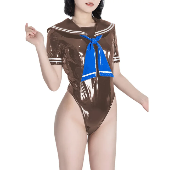 Fetish Queen Sailor Uniforms Short Sleeved Sailor Collar Bodysuits Wetlook PVC Leather High Cut Zentai Student Cosplay Outfits