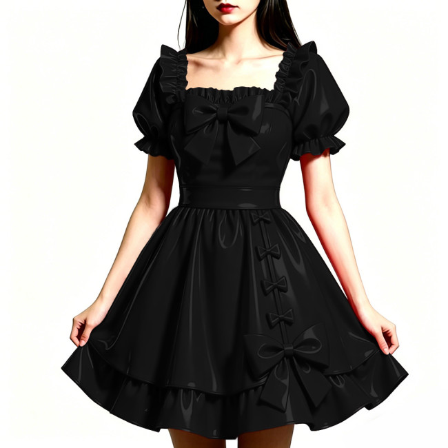 Shiny PVC Leather Sweet Bow Prom Dress Party Glossy Square Neck A-line Flared Dress Club Gothic Lolita Ruffle Gowns Womens Dress