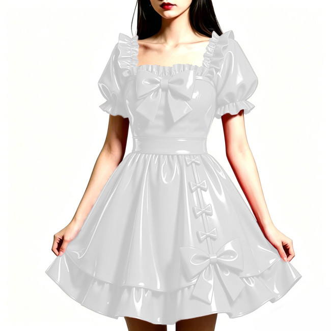 Shiny PVC Leather Sweet Bow Prom Dress Party Glossy Square Neck A-line Flared Dress Club Gothic Lolita Ruffle Gowns Womens Dress