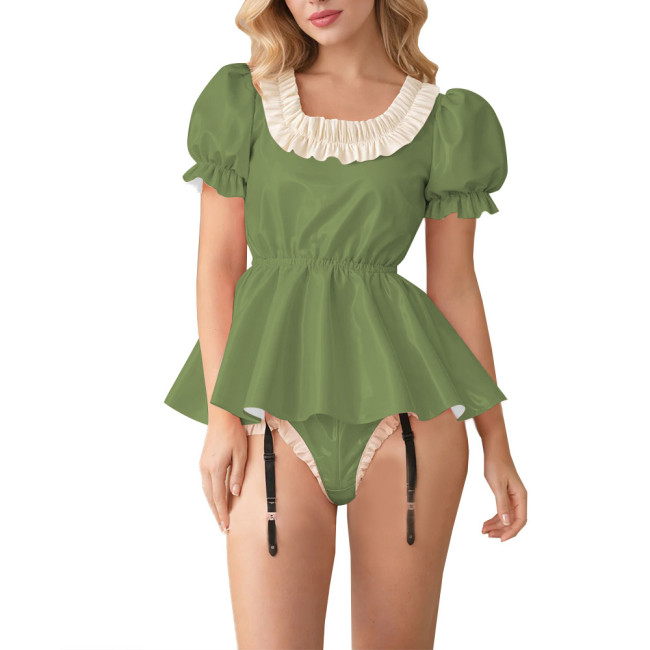 Fetish Glossy PVC Lockable Bodysuits Sissy Puff Sleeve Ruffle Trim Peplum Romper with Garter Halloween Cosplay Party Maid Outfit