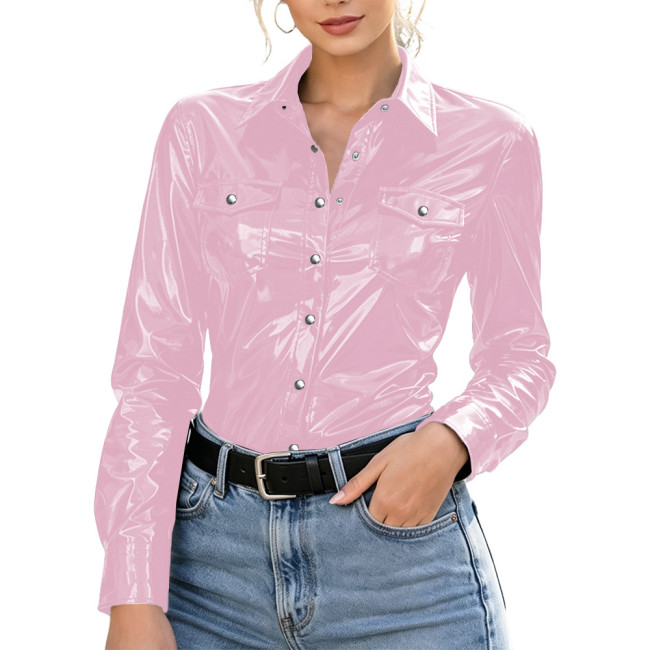 Plus Size Womens Shirt with Pockets Wet Look PVC Long Sleeve Female Blouses Shiny PU Leather Single Breasted Tops Streetwear