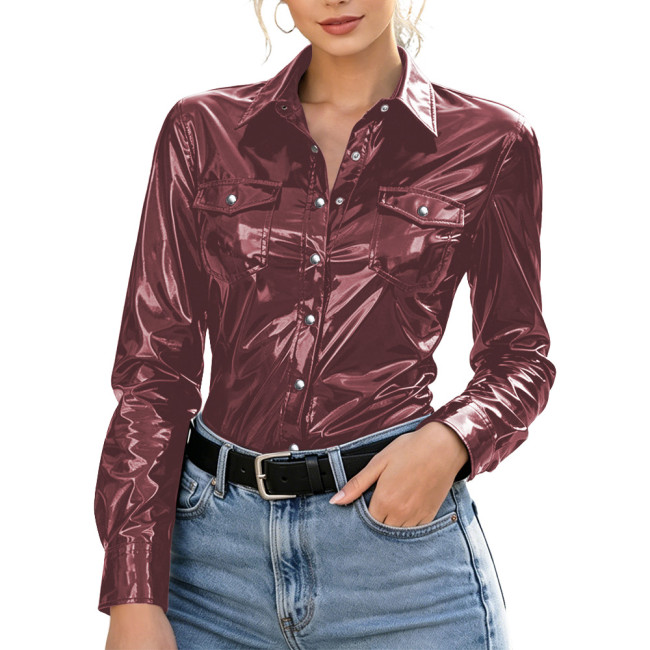 Plus Size Womens Shirt with Pockets Wet Look PVC Long Sleeve Female Blouses Shiny PU Leather Single Breasted Tops Streetwear