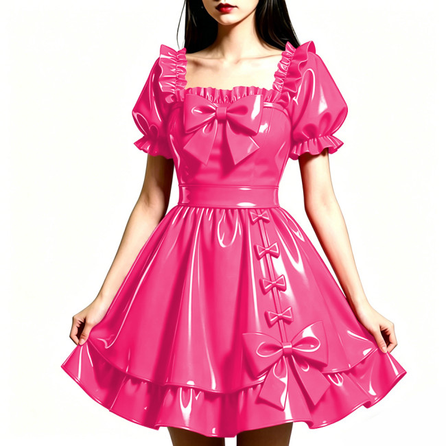 Shiny PVC Leather Sweet Bow Prom Dress Party Glossy Square Neck A-line Flared Dress Club Gothic Lolita Ruffle Gowns Womens Dress