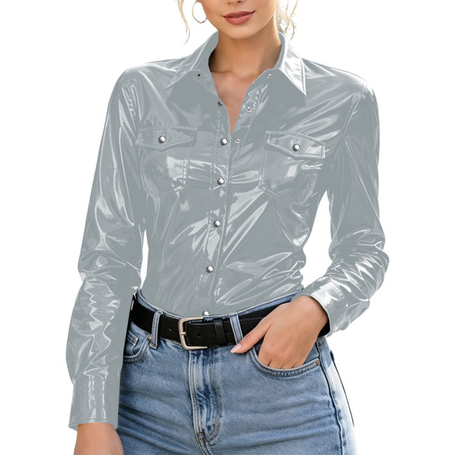 Plus Size Womens Shirt with Pockets Wet Look PVC Long Sleeve Female Blouses Shiny PU Leather Single Breasted Tops Streetwear