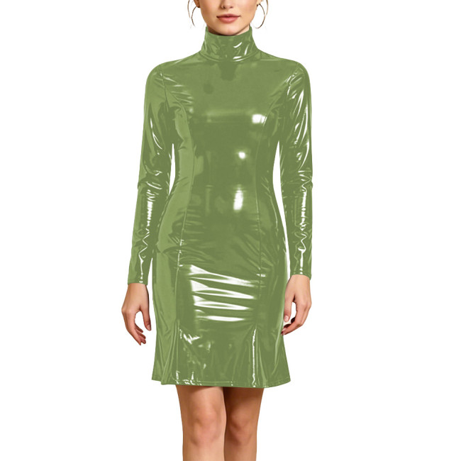 Plus Size Long Sleeve Ladies PVC Shiny Dresses Women Sexy Tight Stretch Solid Dress with Zipper Back Party Club Bodycon Gown