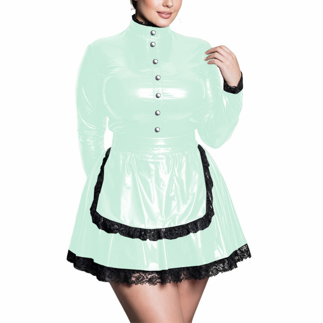 Plus Size High Neck Maid Uniforms Long Sleeve Black Lace Trim Apron Mini Dress Womens PVC Shiny Maid Outfits Halloween Cosplay