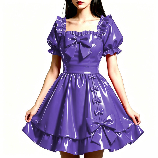 Shiny PVC Leather Sweet Bow Prom Dress Party Glossy Square Neck A-line Flared Dress Club Gothic Lolita Ruffle Gowns Womens Dress