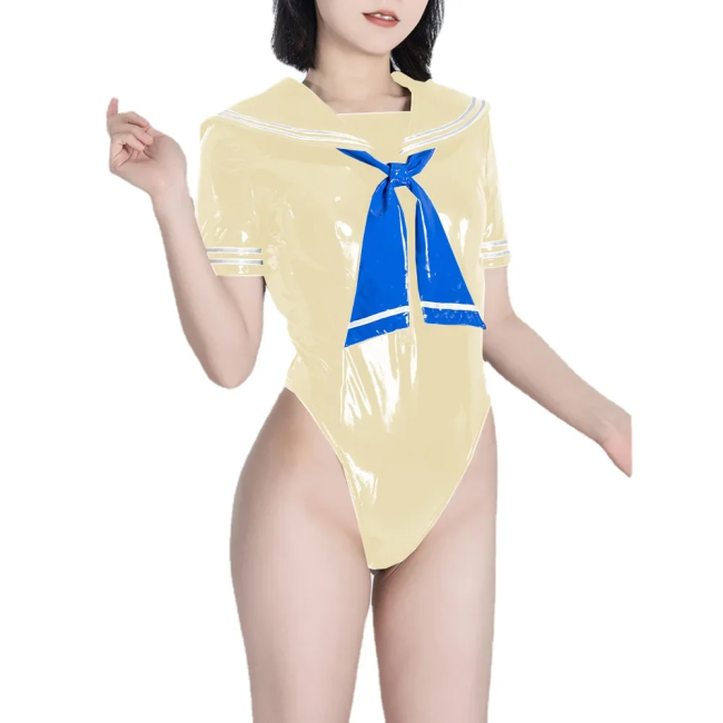 Fetish Queen Sailor Uniforms Short Sleeved Sailor Collar Bodysuits Wetlook PVC Leather High Cut Zentai Student Cosplay Outfits