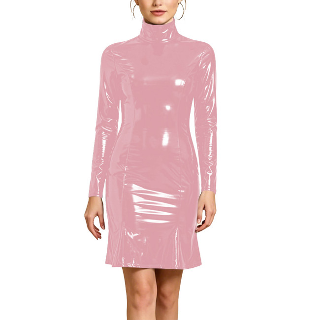 Plus Size Long Sleeve Ladies PVC Shiny Dresses Women Sexy Tight Stretch Solid Dress with Zipper Back Party Club Bodycon Gown