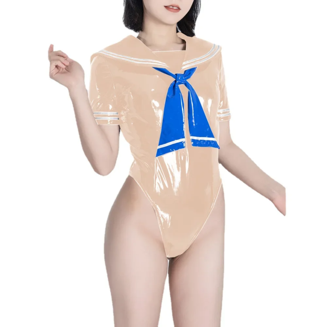 Fetish Queen Sailor Uniforms Short Sleeved Sailor Collar Bodysuits Wetlook PVC Leather High Cut Zentai Student Cosplay Outfits