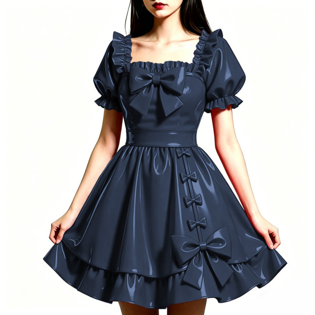 Shiny PVC Leather Sweet Bow Prom Dress Party Glossy Square Neck A-line Flared Dress Club Gothic Lolita Ruffle Gowns Womens Dress