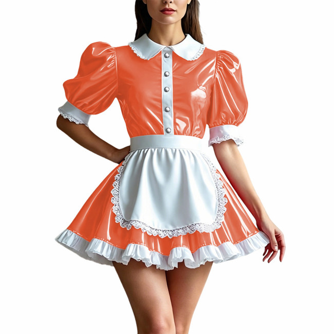 Sweet Shiny PVC Maid Outfit Womens Puff Sleeve Lace Trim Apron Dress Sissy Cosplay Maid Uniform Glossy Role Play Party Costume
