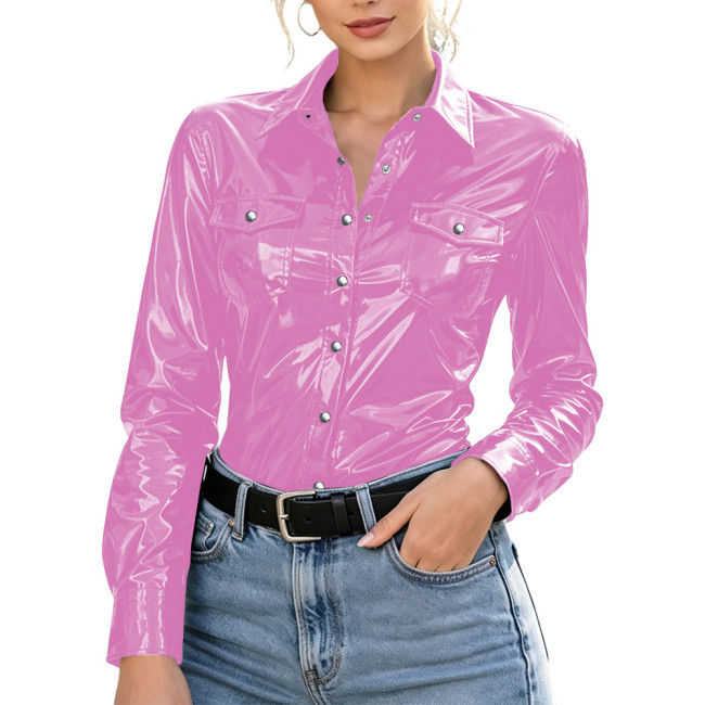 Plus Size Womens Shirt with Pockets Wet Look PVC Long Sleeve Female Blouses Shiny PU Leather Single Breasted Tops Streetwear