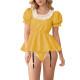 Fetish Glossy PVC Lockable Bodysuits Sissy Puff Sleeve Ruffle Trim Peplum Romper with Garter Halloween Cosplay Party Maid Outfit