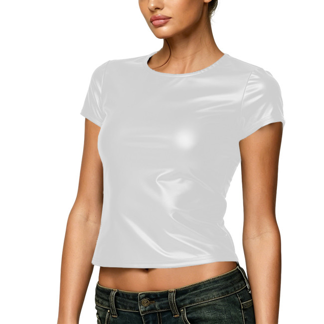 Plus Size Women Matte Faux Leather Tops Hot Girls High Street Style Crop Tops Solid Short Sleeve Round Neck T-shirts Club Outfit