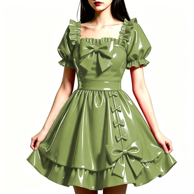 Shiny PVC Leather Sweet Bow Prom Dress Party Glossy Square Neck A-line Flared Dress Club Gothic Lolita Ruffle Gowns Womens Dress