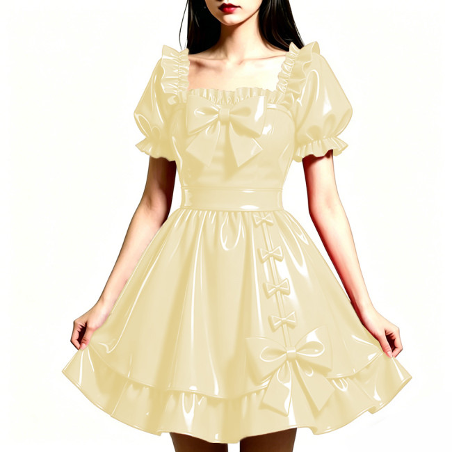 Shiny PVC Leather Sweet Bow Prom Dress Party Glossy Square Neck A-line Flared Dress Club Gothic Lolita Ruffle Gowns Womens Dress