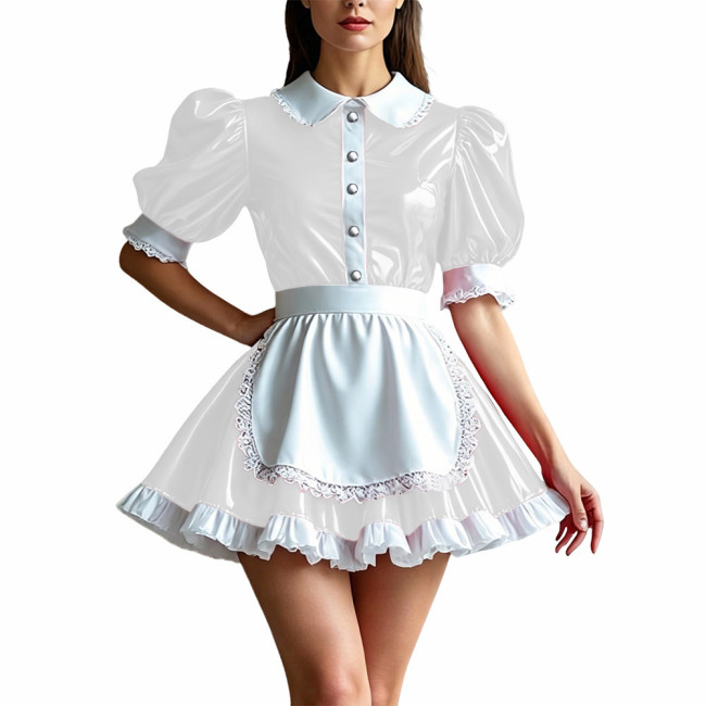 Sweet Shiny PVC Maid Outfit Womens Puff Sleeve Lace Trim Apron Dress Sissy Cosplay Maid Uniform Glossy Role Play Party Costume