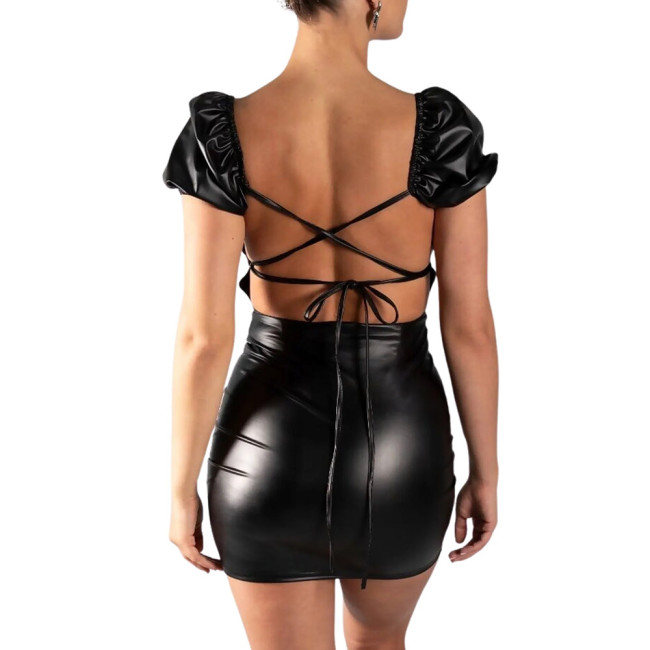 Women Sexy Backless Lace Up Mini Dress Short Sleeve Square Neck Bodycon Dress Matte PU Leather Tight Dress Club Party Outfit