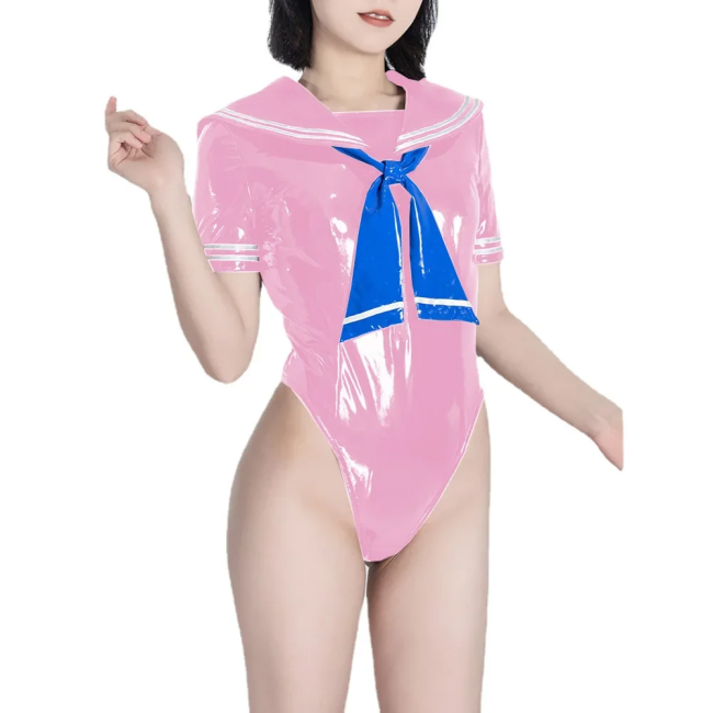 Fetish Queen Sailor Uniforms Short Sleeved Sailor Collar Bodysuits Wetlook PVC Leather High Cut Zentai Student Cosplay Outfits