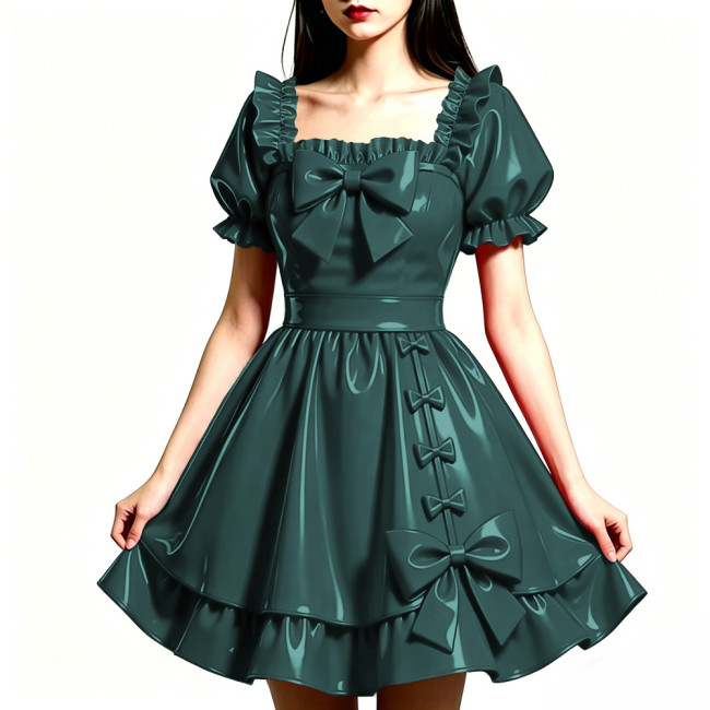 Shiny PVC Leather Sweet Bow Prom Dress Party Glossy Square Neck A-line Flared Dress Club Gothic Lolita Ruffle Gowns Womens Dress
