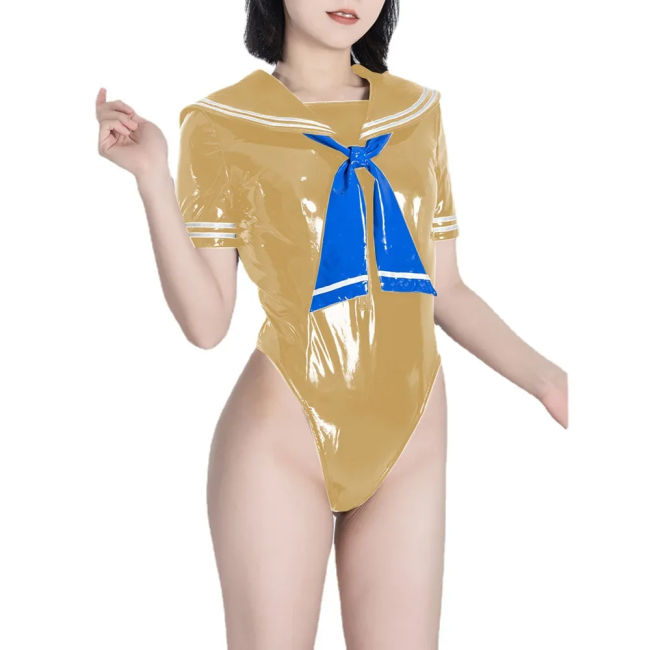 Fetish Queen Sailor Uniforms Short Sleeved Sailor Collar Bodysuits Wetlook PVC Leather High Cut Zentai Student Cosplay Outfits