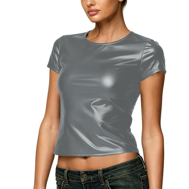 Plus Size Women Matte Faux Leather Tops Hot Girls High Street Style Crop Tops Solid Short Sleeve Round Neck T-shirts Club Outfit