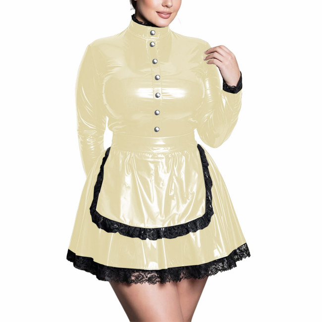 Plus Size High Neck Maid Uniforms Long Sleeve Black Lace Trim Apron Mini Dress Womens PVC Shiny Maid Outfits Halloween Cosplay