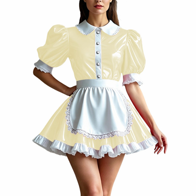 Sweet Shiny PVC Maid Outfit Womens Puff Sleeve Lace Trim Apron Dress Sissy Cosplay Maid Uniform Glossy Role Play Party Costume