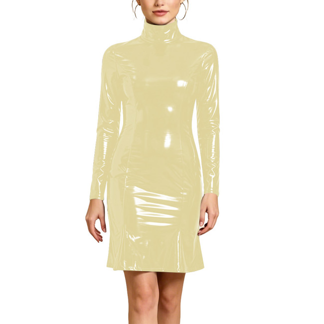 Plus Size Long Sleeve Ladies PVC Shiny Dresses Women Sexy Tight Stretch Solid Dress with Zipper Back Party Club Bodycon Gown