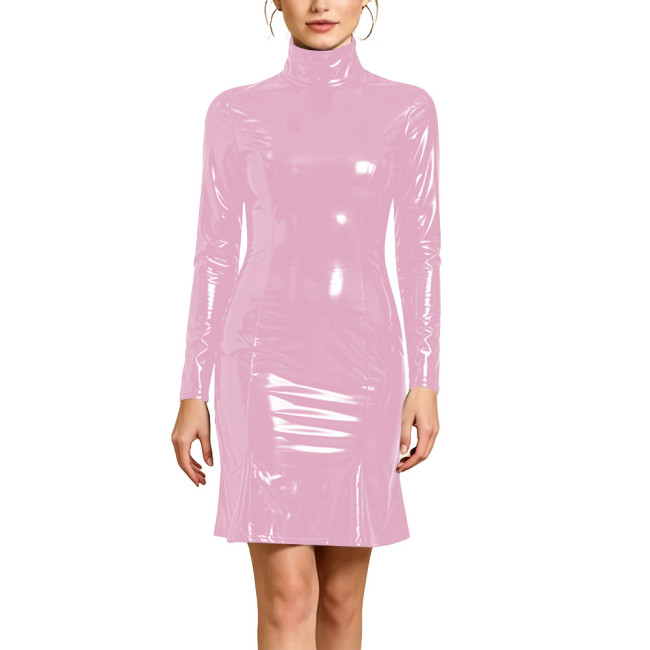 Plus Size Long Sleeve Ladies PVC Shiny Dresses Women Sexy Tight Stretch Solid Dress with Zipper Back Party Club Bodycon Gown
