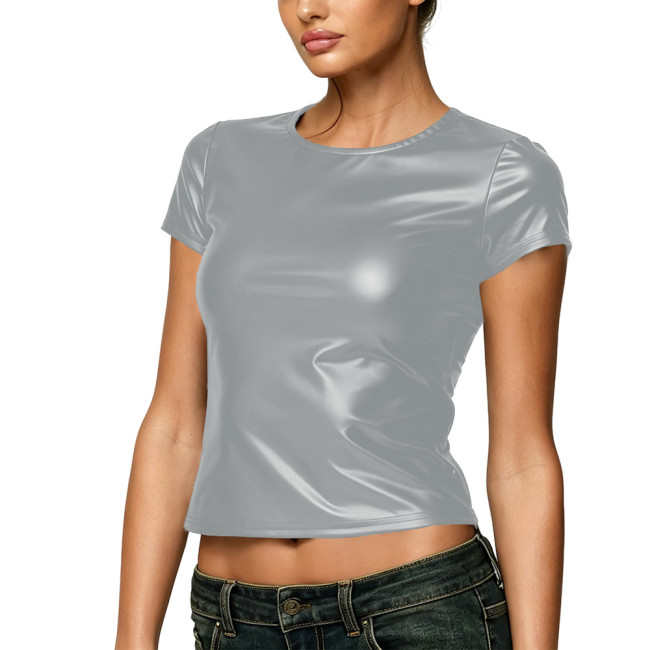 Plus Size Women Matte Faux Leather Tops Hot Girls High Street Style Crop Tops Solid Short Sleeve Round Neck T-shirts Club Outfit