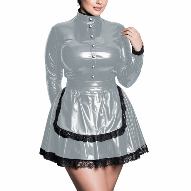 Plus Size High Neck Maid Uniforms Long Sleeve Black Lace Trim Apron Mini Dress Womens PVC Shiny Maid Outfits Halloween Cosplay