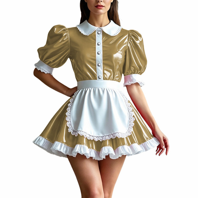 Sweet Shiny PVC Maid Outfit Womens Puff Sleeve Lace Trim Apron Dress Sissy Cosplay Maid Uniform Glossy Role Play Party Costume