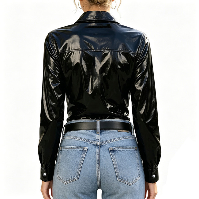 Plus Size Womens Shirt with Pockets Wet Look PVC Long Sleeve Female Blouses Shiny PU Leather Single Breasted Tops Streetwear